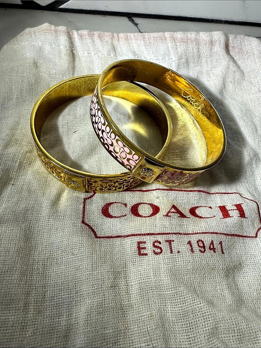 Coach Signature C Enamel Hinged Bangle Set Gold & Pink